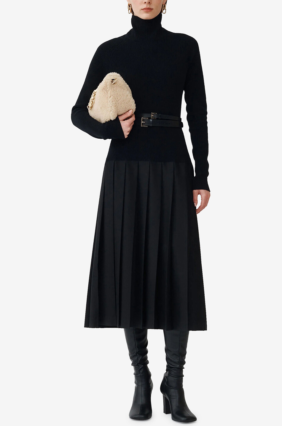 FABIANA FILIPPI Platinum pleated midi knit and flannel dress Women BLACK 3