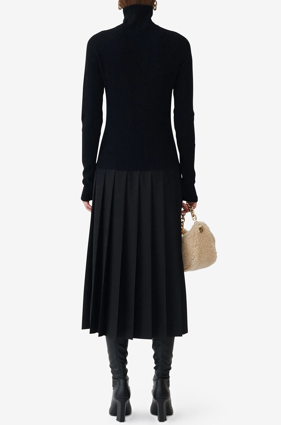 FABIANA FILIPPI Platinum pleated midi knit and flannel dress Women BLACK 4