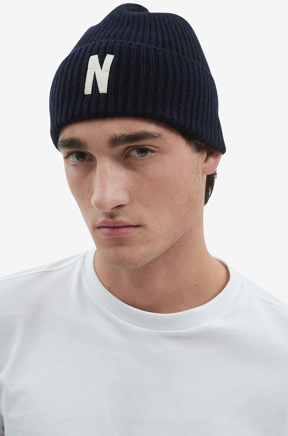 Felt N ribbed knit merino wool beanie