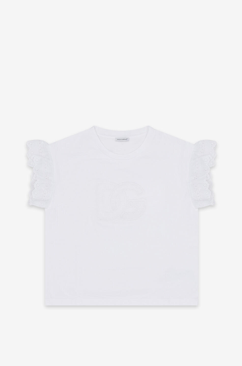 DOLCE & GABBANA Kinder-T-Shirt mit Rüschenärmeln mit Lochstickereien DG Mädchen WEISS 1