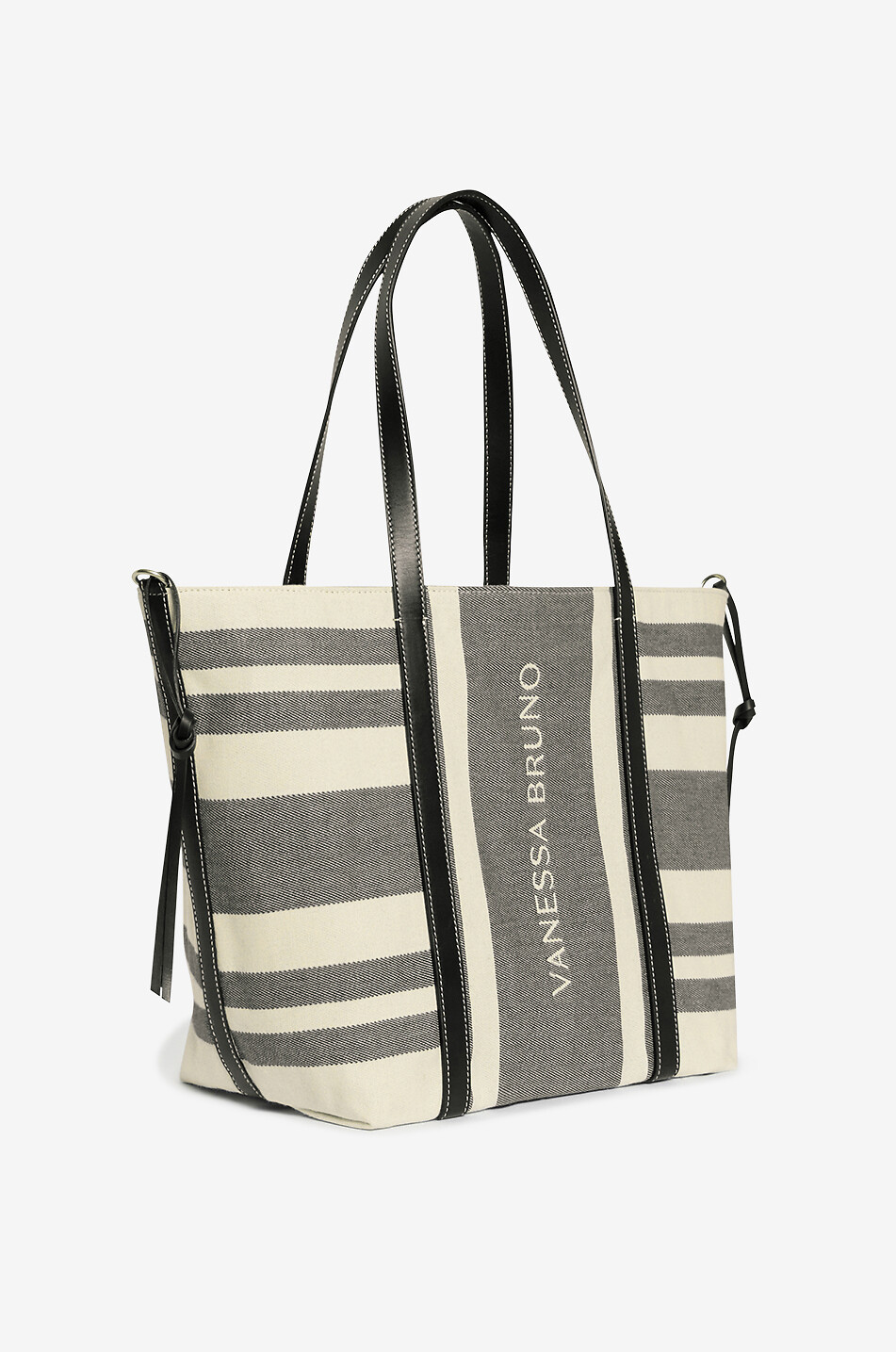 VANESSA BRUNO Gestreifter Canvas- und Leder-Shopper Cabas XL Damen SCHWARZ 3