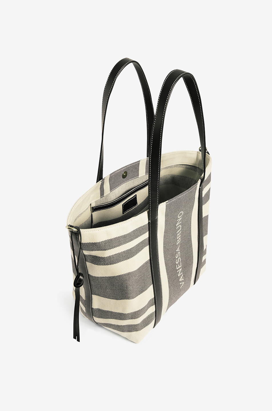 VANESSA BRUNO Gestreifter Canvas- und Leder-Shopper Cabas XL Damen SCHWARZ 5