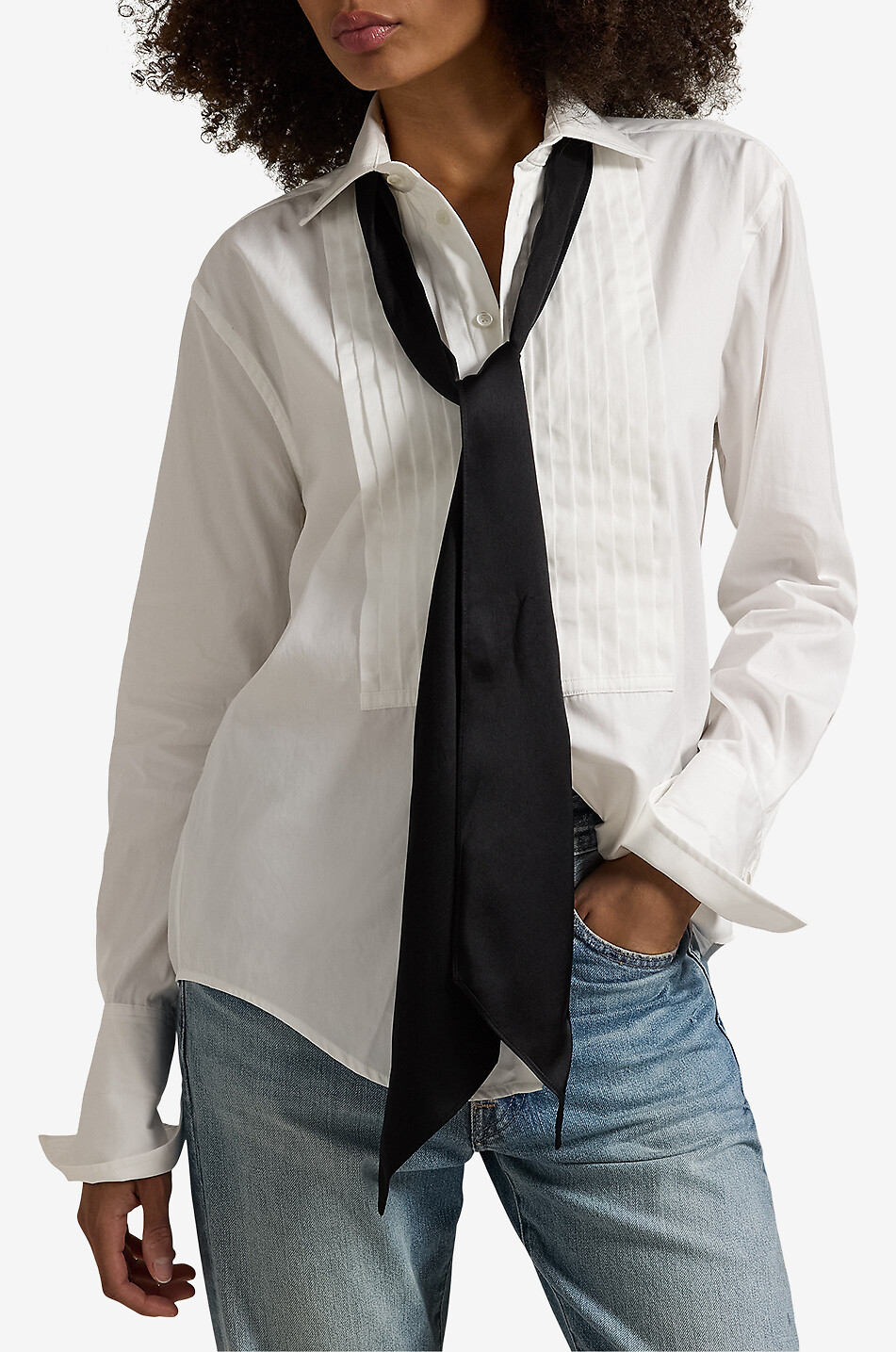 Poplin tuxedo shirt with satin neck tie