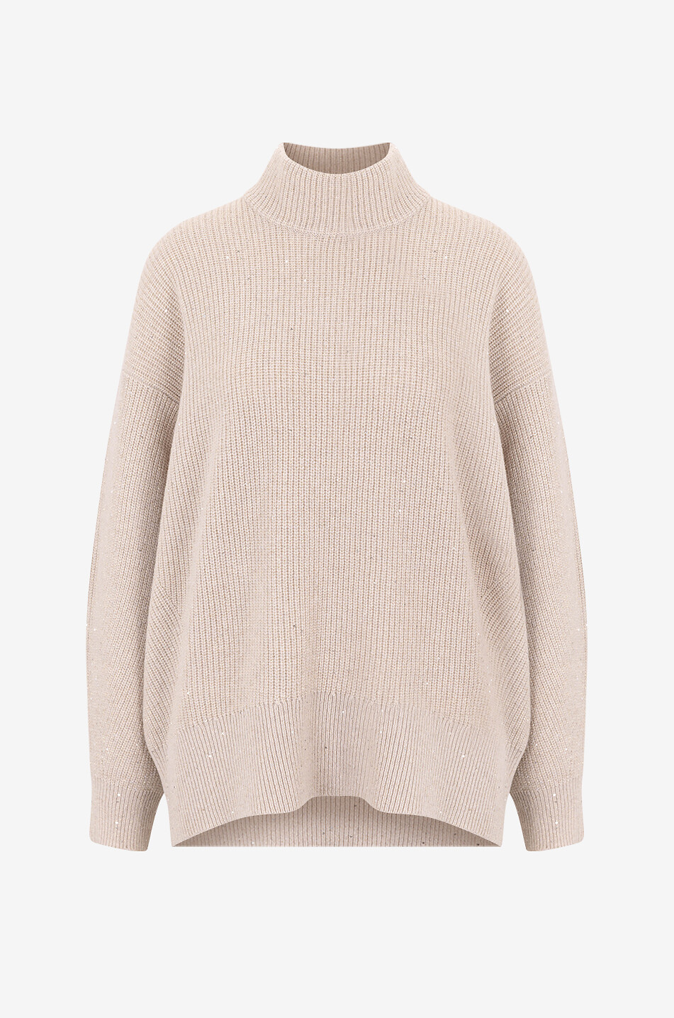 BRUNELLO CUCINELLI Glitzernder gerippter Woll- und Kaschmirpullover mit Stehkragen Damen BEIGE 1
