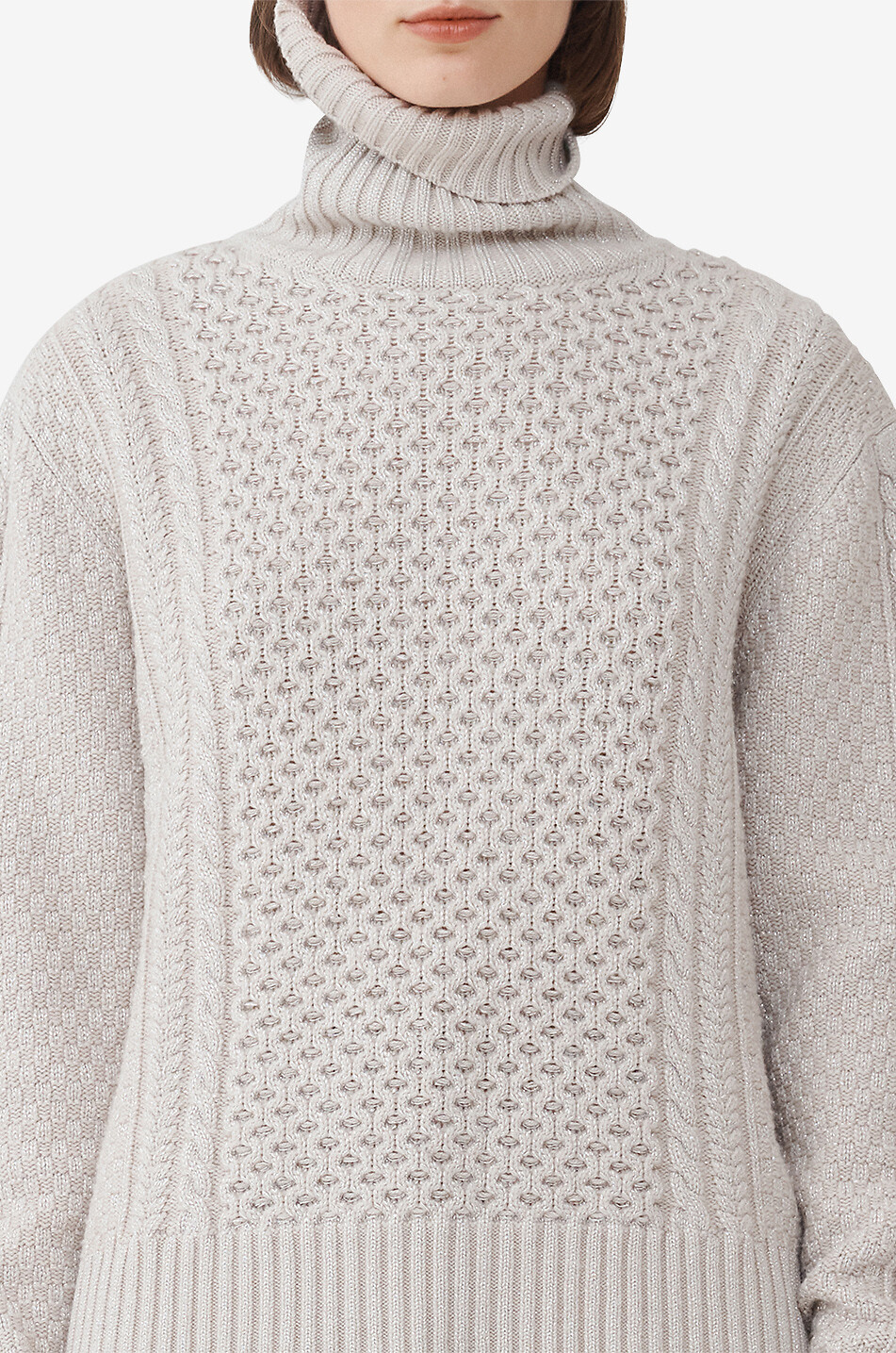FABIANA FILIPPI Zopfstrick-Rollkragenpullover aus Lurex-Platinum Fisherman Damen Hellbeige 6
