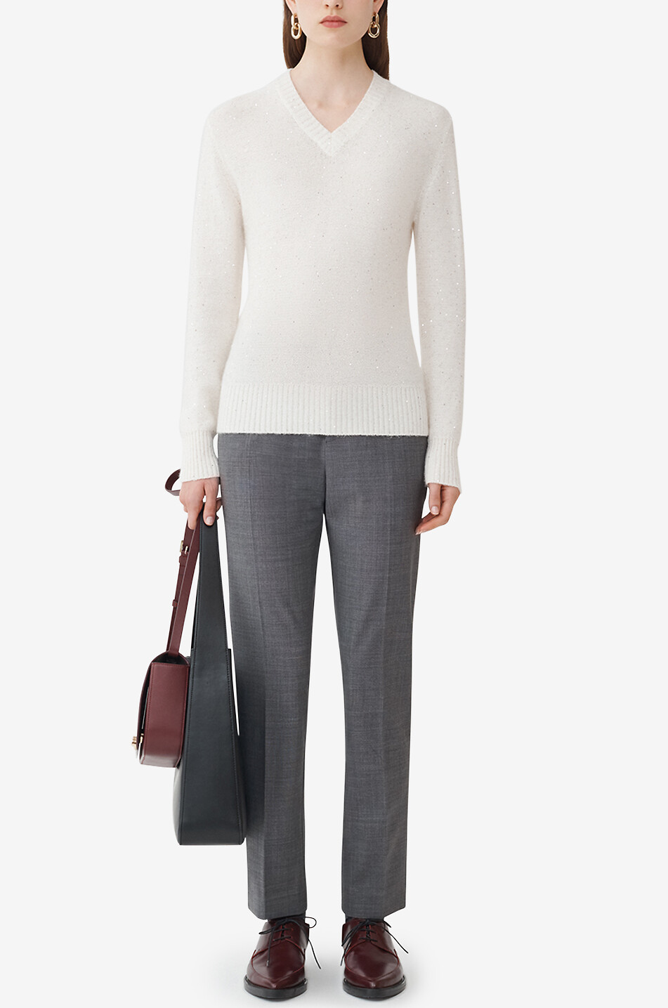 FABIANA FILIPPI Pull point mousse en cachemire et alpaga à col V et sequins Femme BLANC CASSE 4