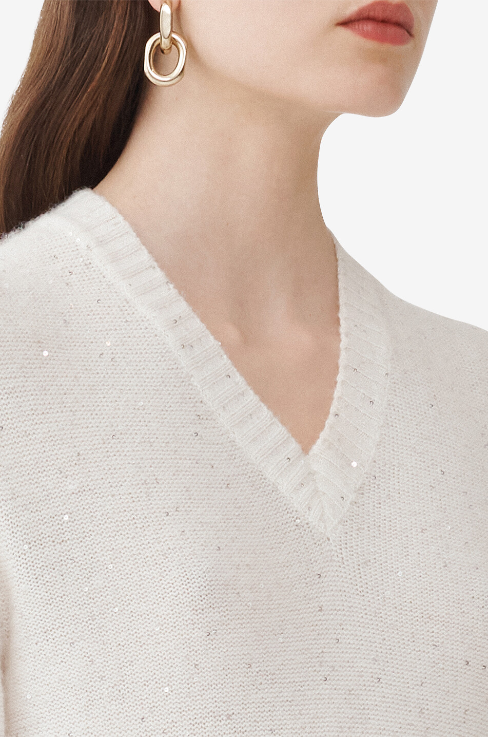 FABIANA FILIPPI Pull point mousse en cachemire et alpaga à col V et sequins Femme BLANC CASSE 6