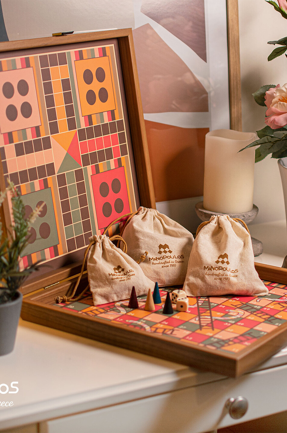 MANOPOULOS Gesellschaftsspielset aus Holz Rainbow 4-in-1 Haus BRAUN 3