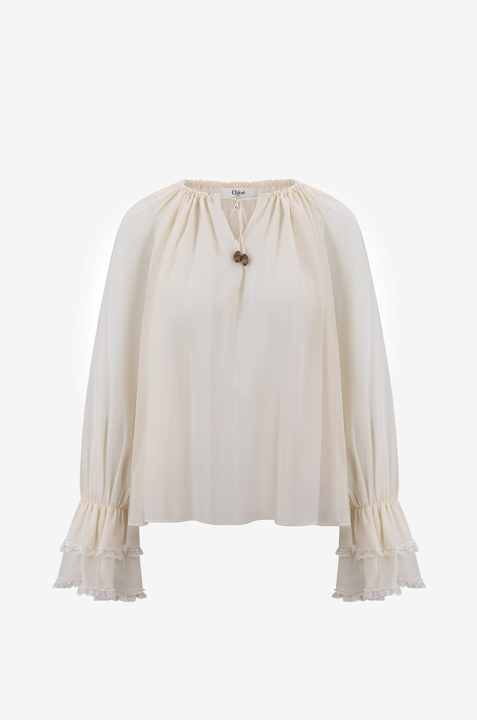 CHLOE Seidengeorgette-Bluse mit Rüschenmanschetten und Spitze Damen WEISS 1
