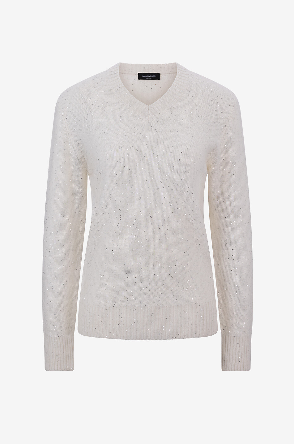 FABIANA FILIPPI Pull point mousse en cachemire et alpaga à col V et sequins Femme BLANC CASSE 2