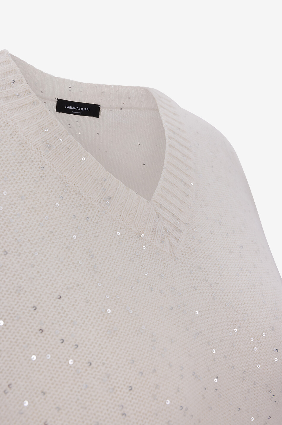 FABIANA FILIPPI Pull point mousse en cachemire et alpaga à col V et sequins Femme BLANC CASSE 7