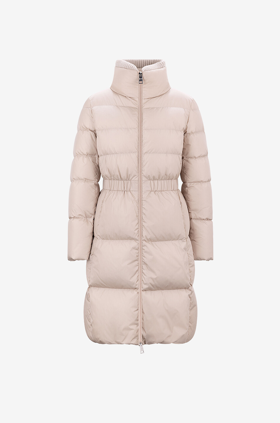 Mid-length cinched high-neck down jacket