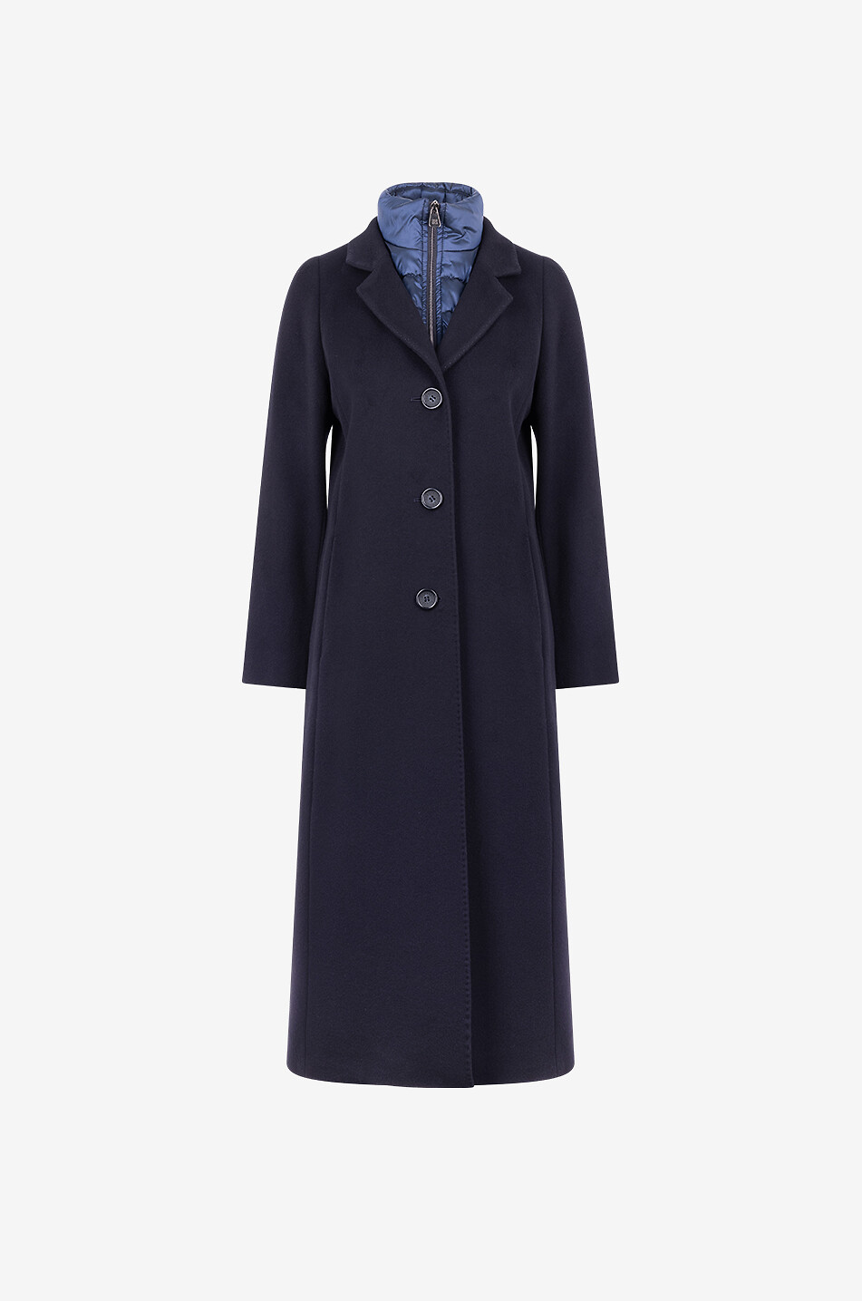 Manteau long cintré en laine vierge avec plastron doudoune