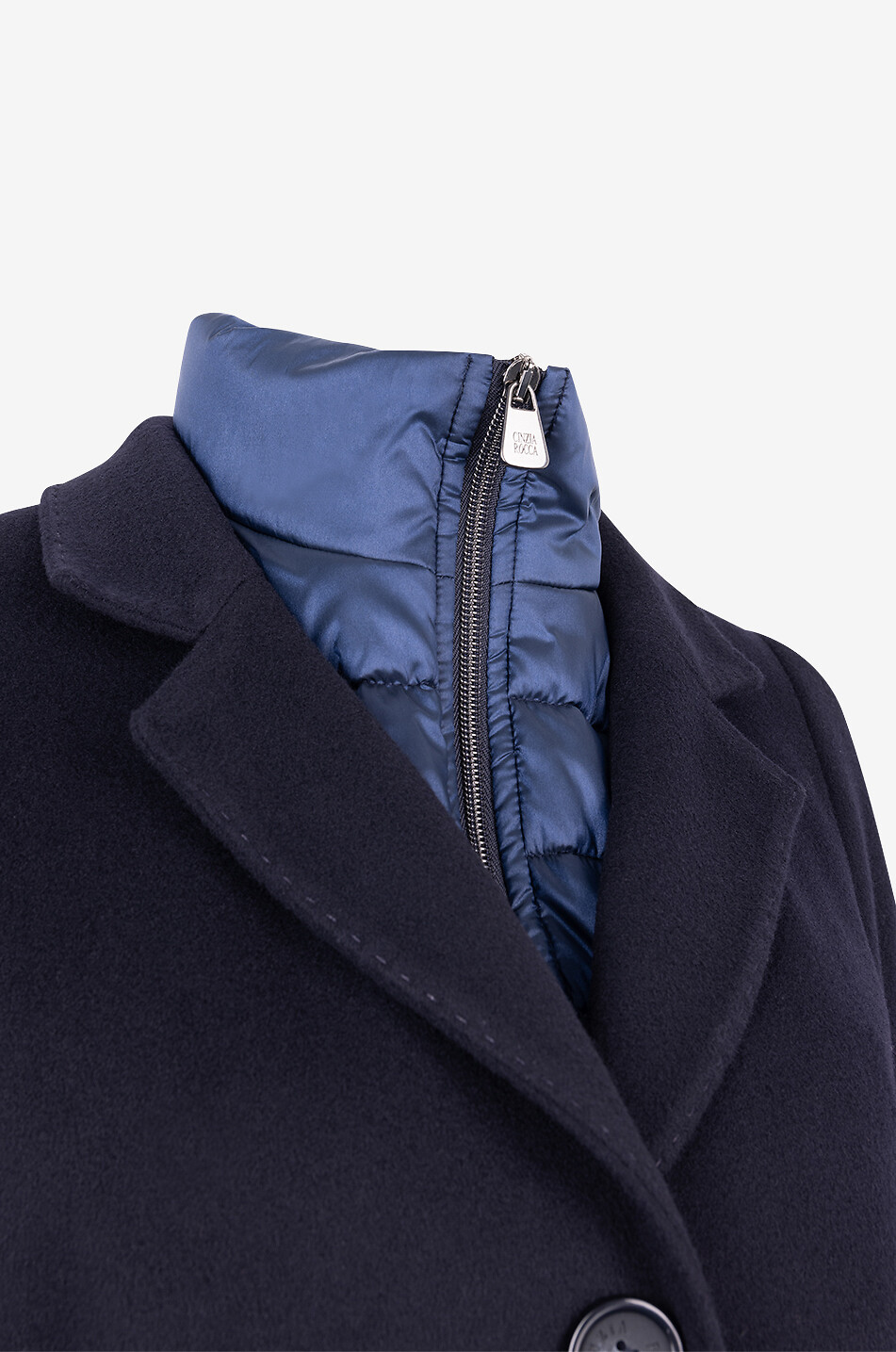 Manteau long cintré en laine vierge avec plastron doudoune