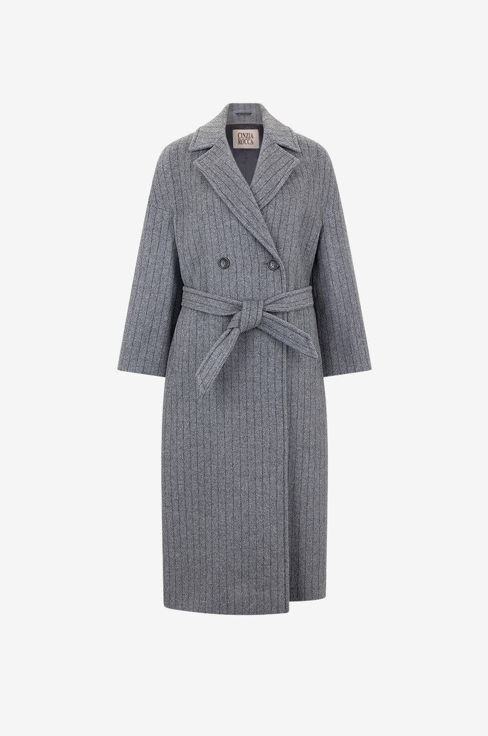 Long double-breasted belted pinstripe coat