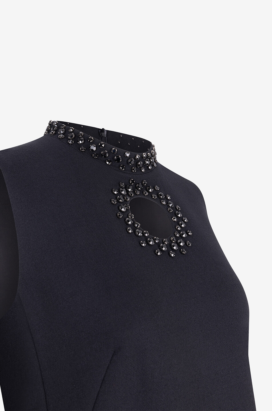 Crystal-embellished sleeveless wool cady dress with polka dot cut-out