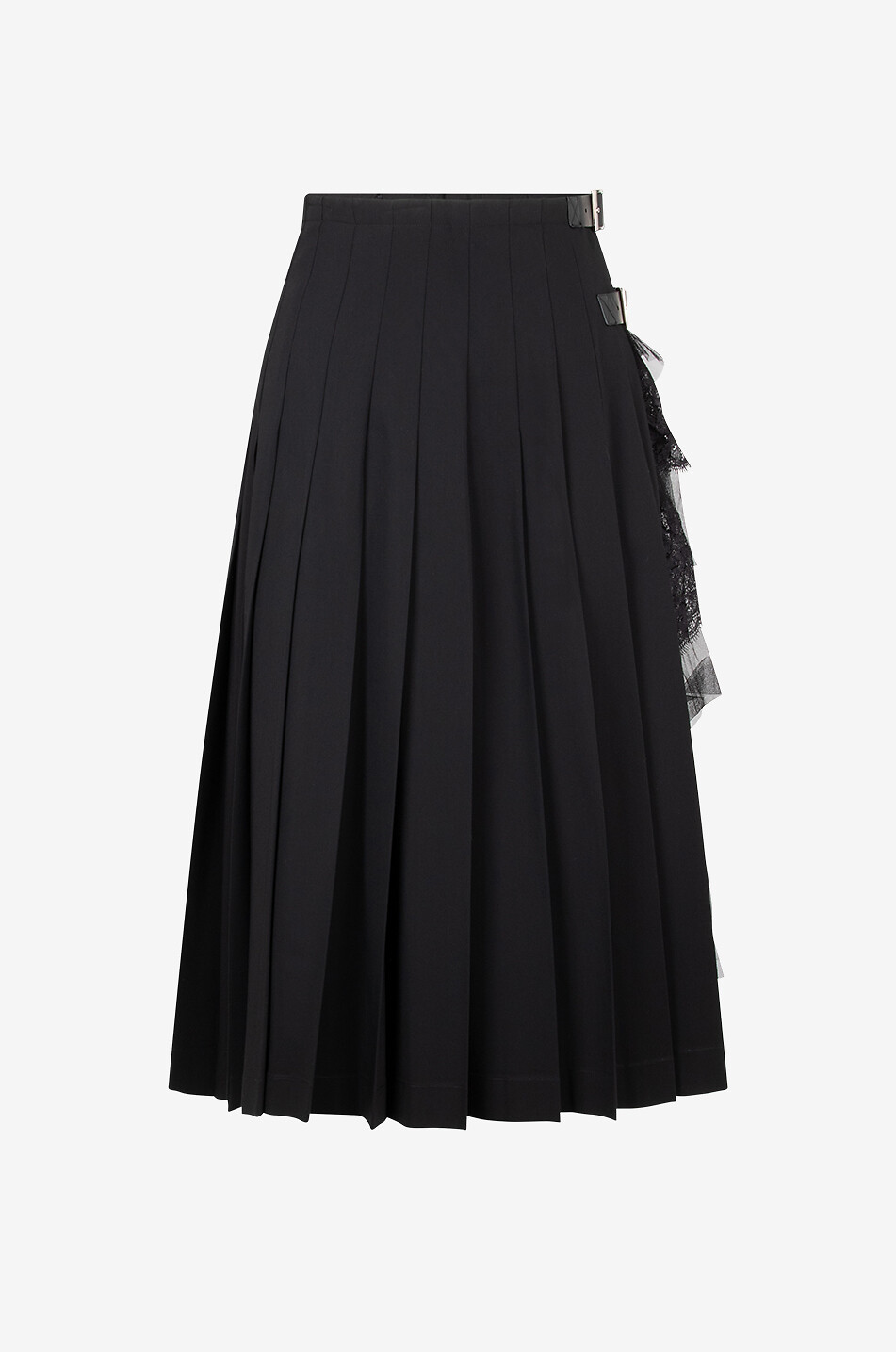 Jupe midi plissée en cady à empiècement tulle et dentelle
