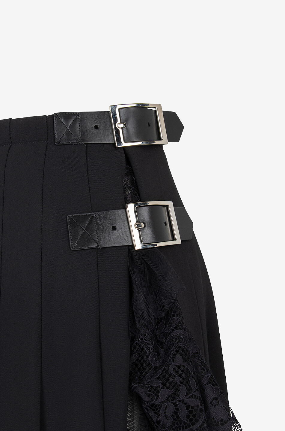 Jupe midi plissée en cady à empiècement tulle et dentelle