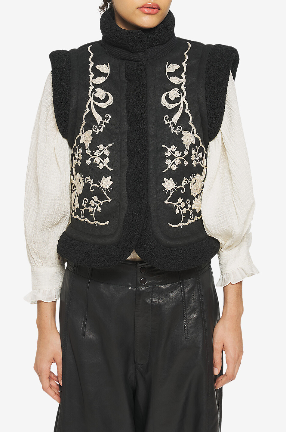 ANTIK BATIK Gilet effet peau lainée brodé Saliba Femme NOIR 3