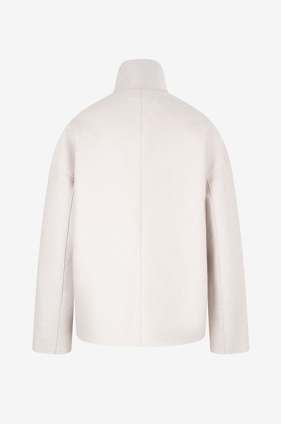 Virgin wool short double-breasted coat with stand-up collar