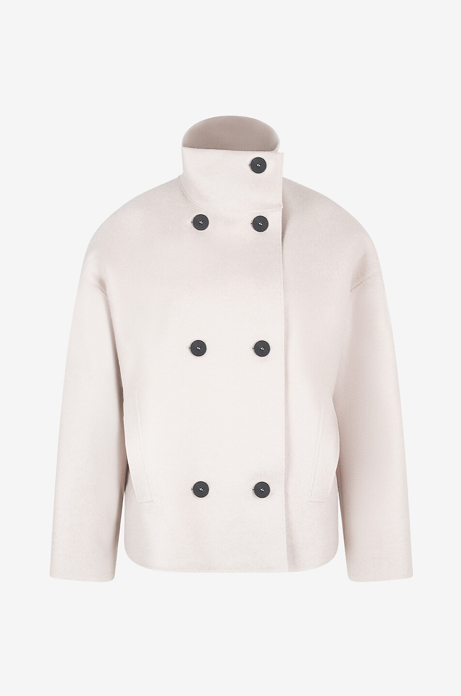 Virgin wool short double-breasted coat with stand-up collar