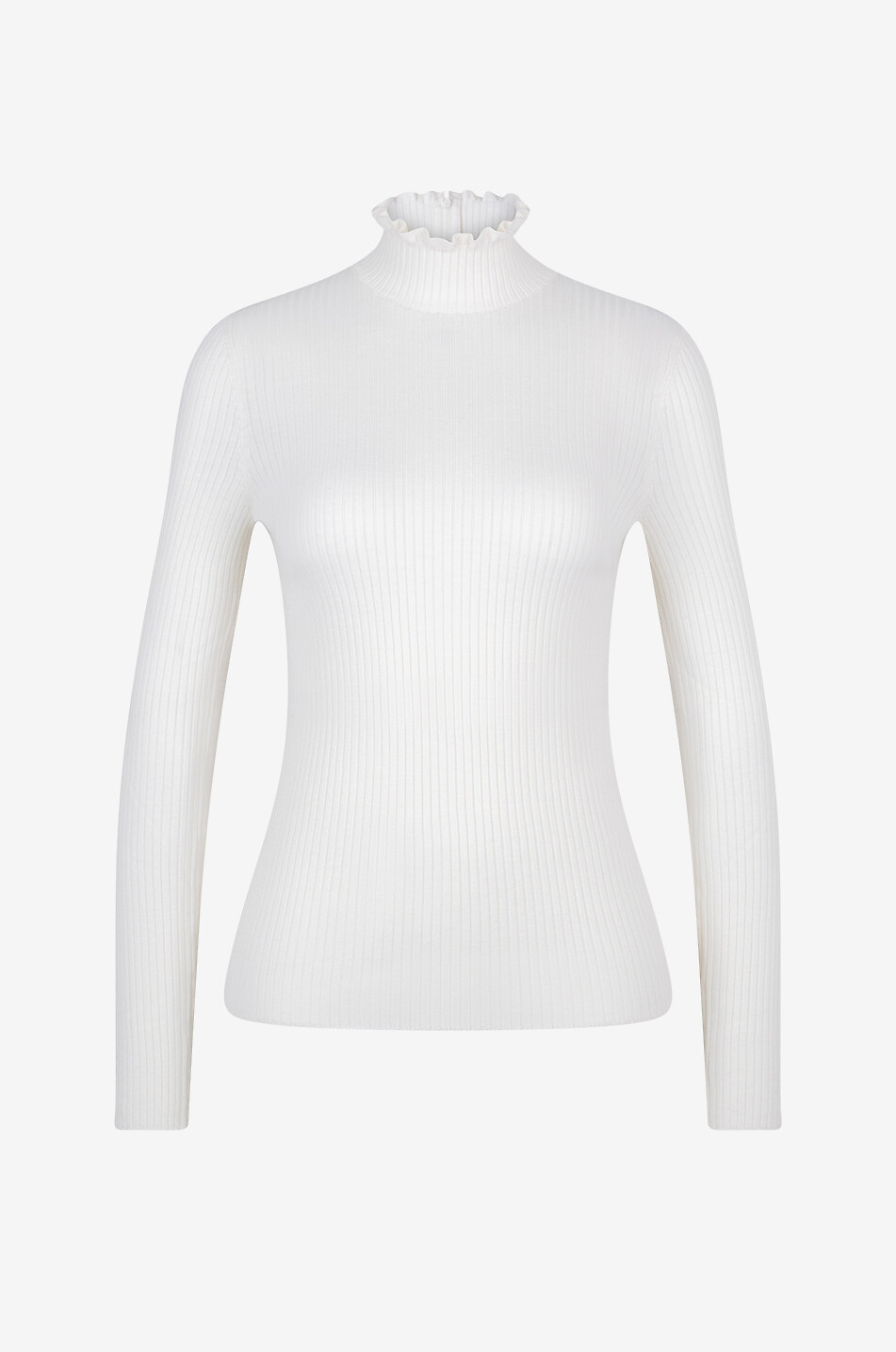 Ribbed sheath jumper with ruffled stand-up collar