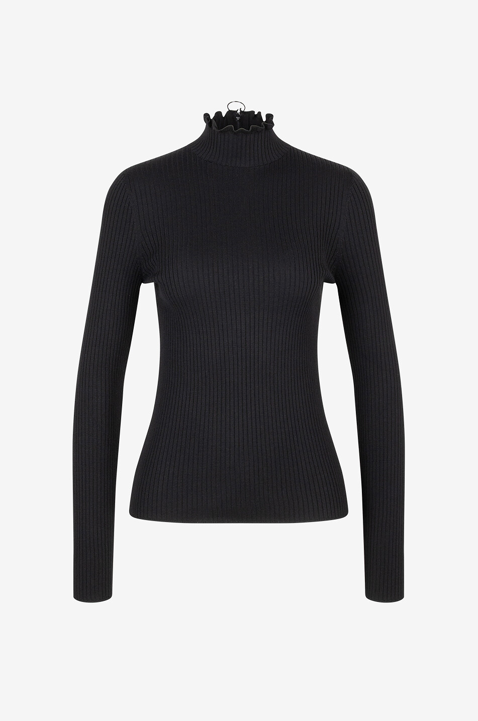 Ribbed sheath jumper with ruffled stand-up collar