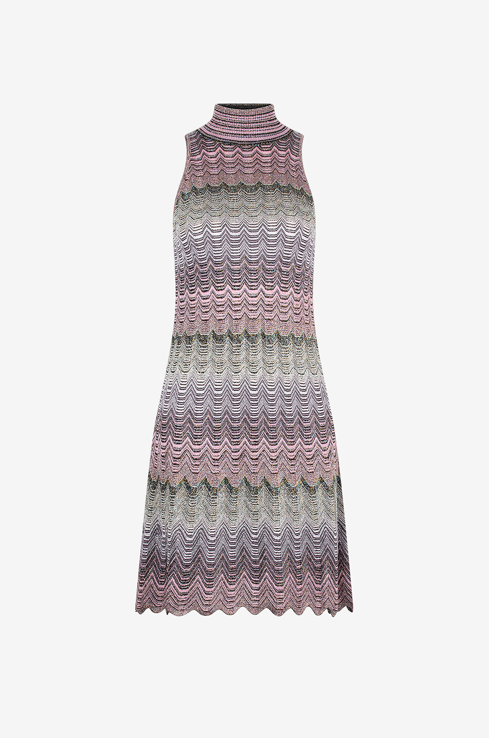 Wavy mini knit dress with stand-up collar