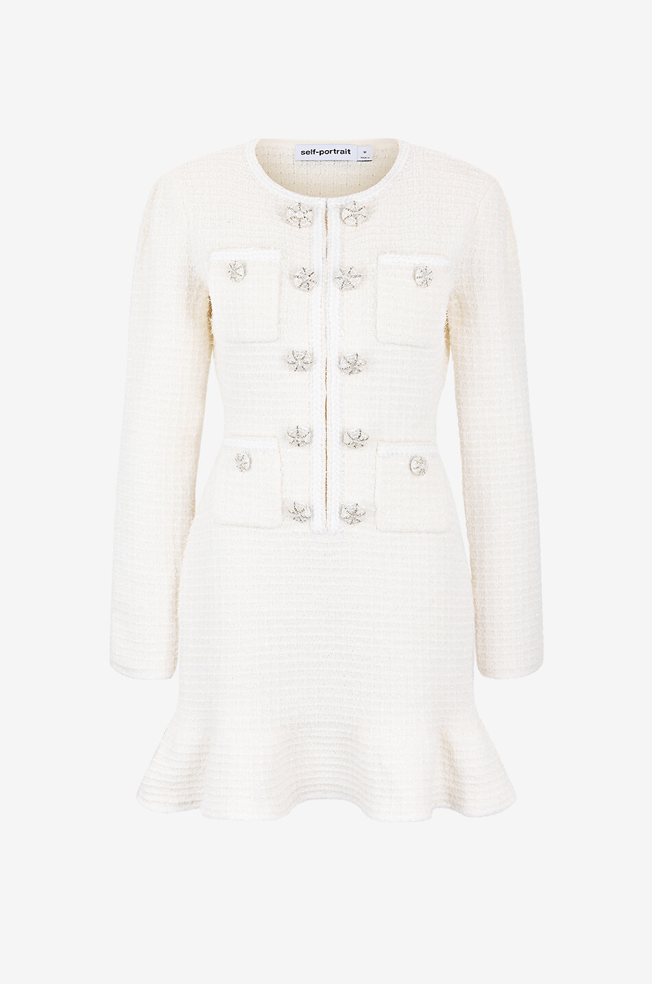 Mini-Tweed-Langarm-Strickkleid mit Zierknöpfen