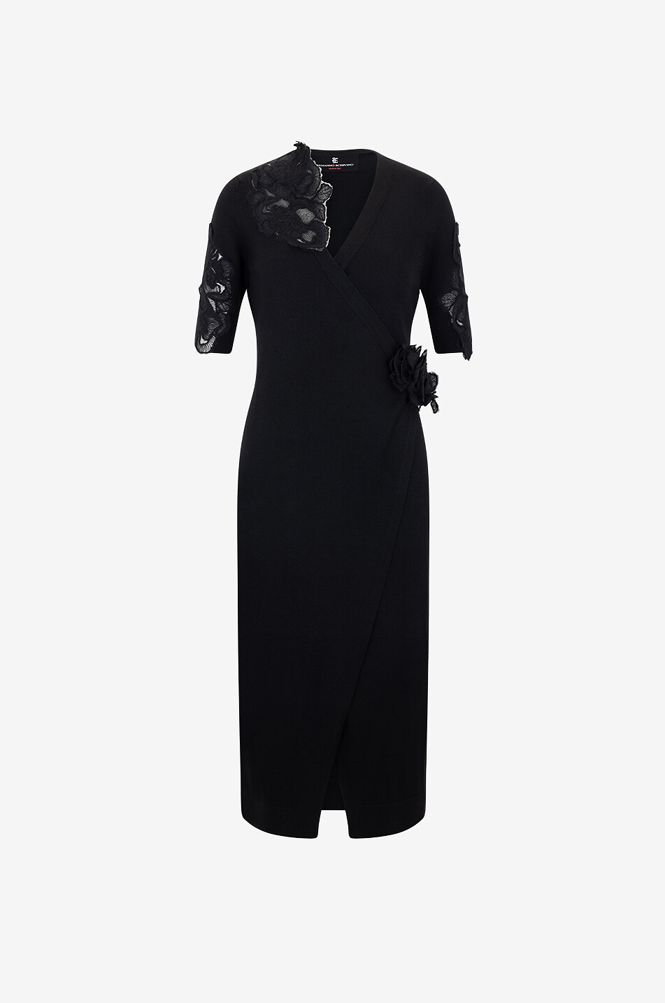 Lace-adorned midi knit sheath dress
