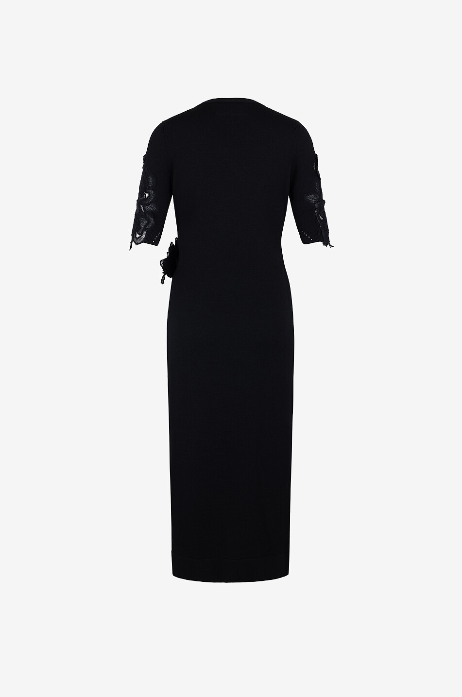 Lace-adorned midi knit sheath dress