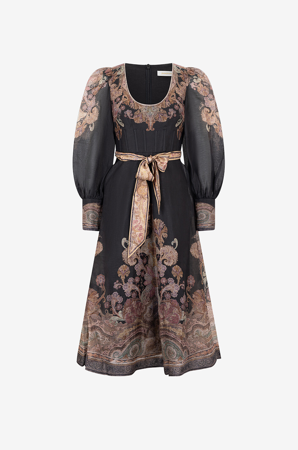 Illustration Structured Black Paisley flared linen ans silk midi dress