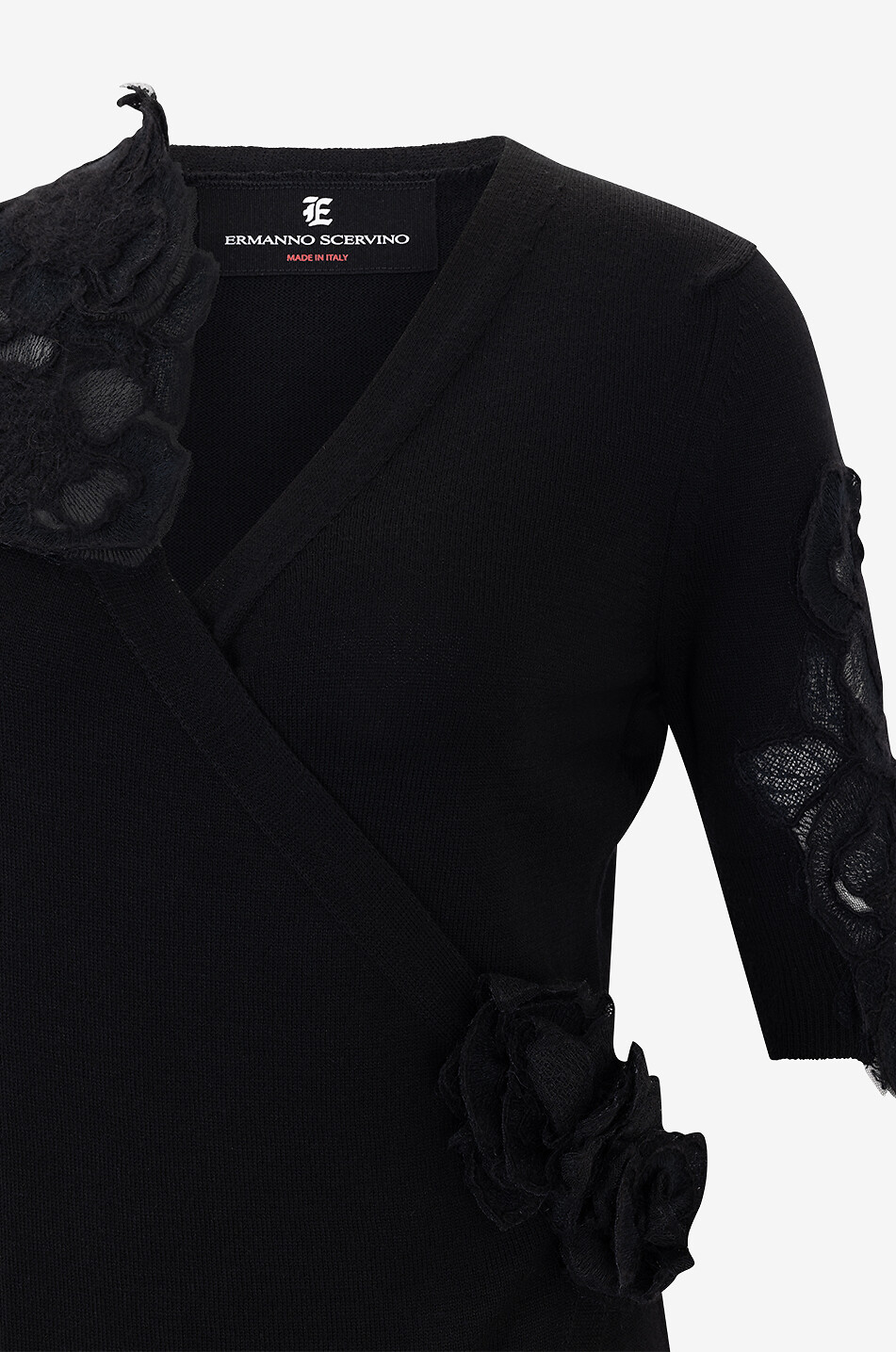 Lace-adorned midi knit sheath dress