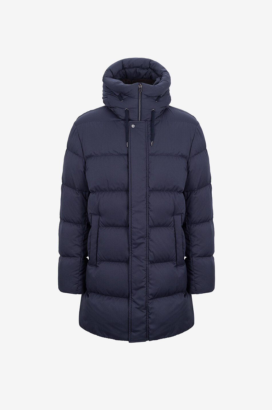 Quilted mid-length down jacket with stand-up collar and hood