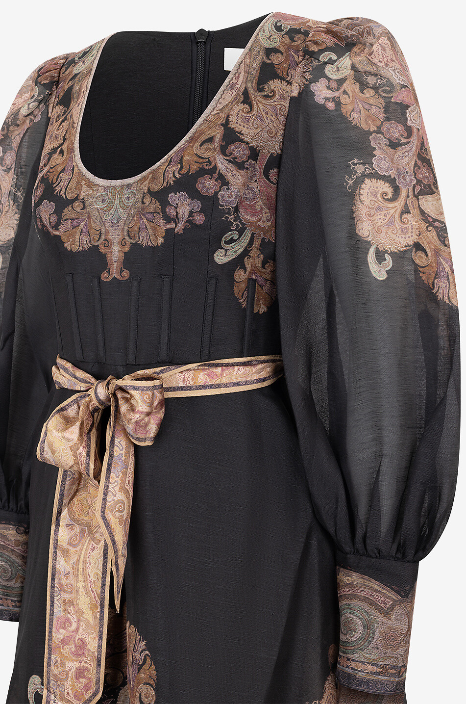 Illustration Structured Black Paisley flared linen ans silk