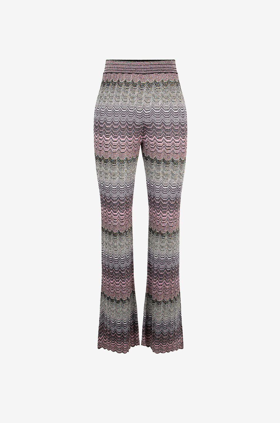 Wavy pattern-adorned flared lurex knit trousers