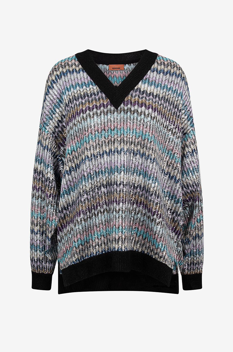 Lightweight V-neck oversize jumper with sequinned herringbone patterns