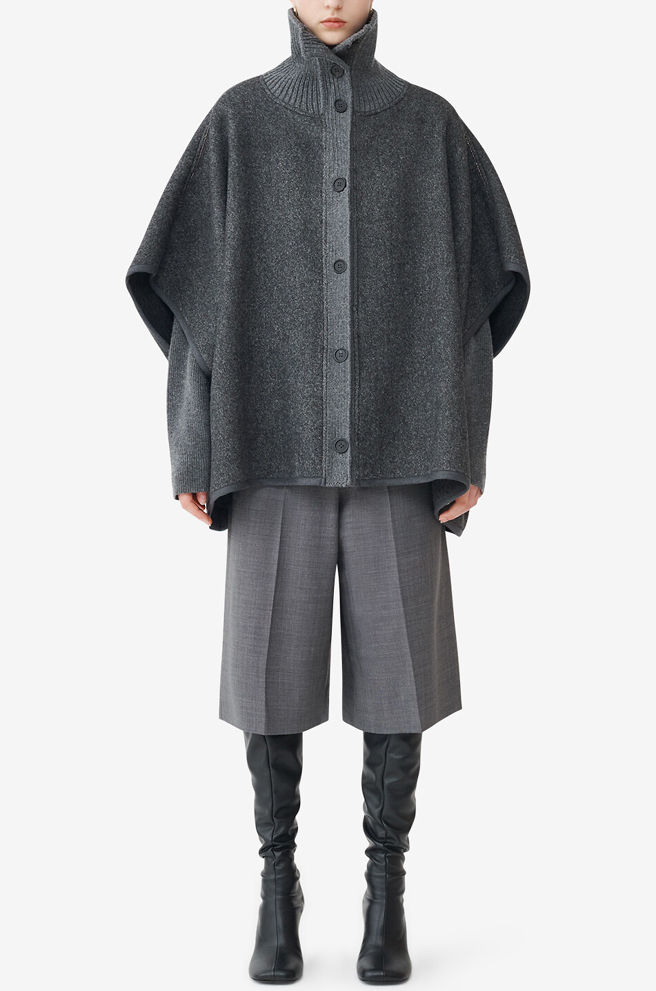 FABIANA FILIPPI Cape en sergé de laine double-face à col montant en maille Femme GRIS FONCÉ 3