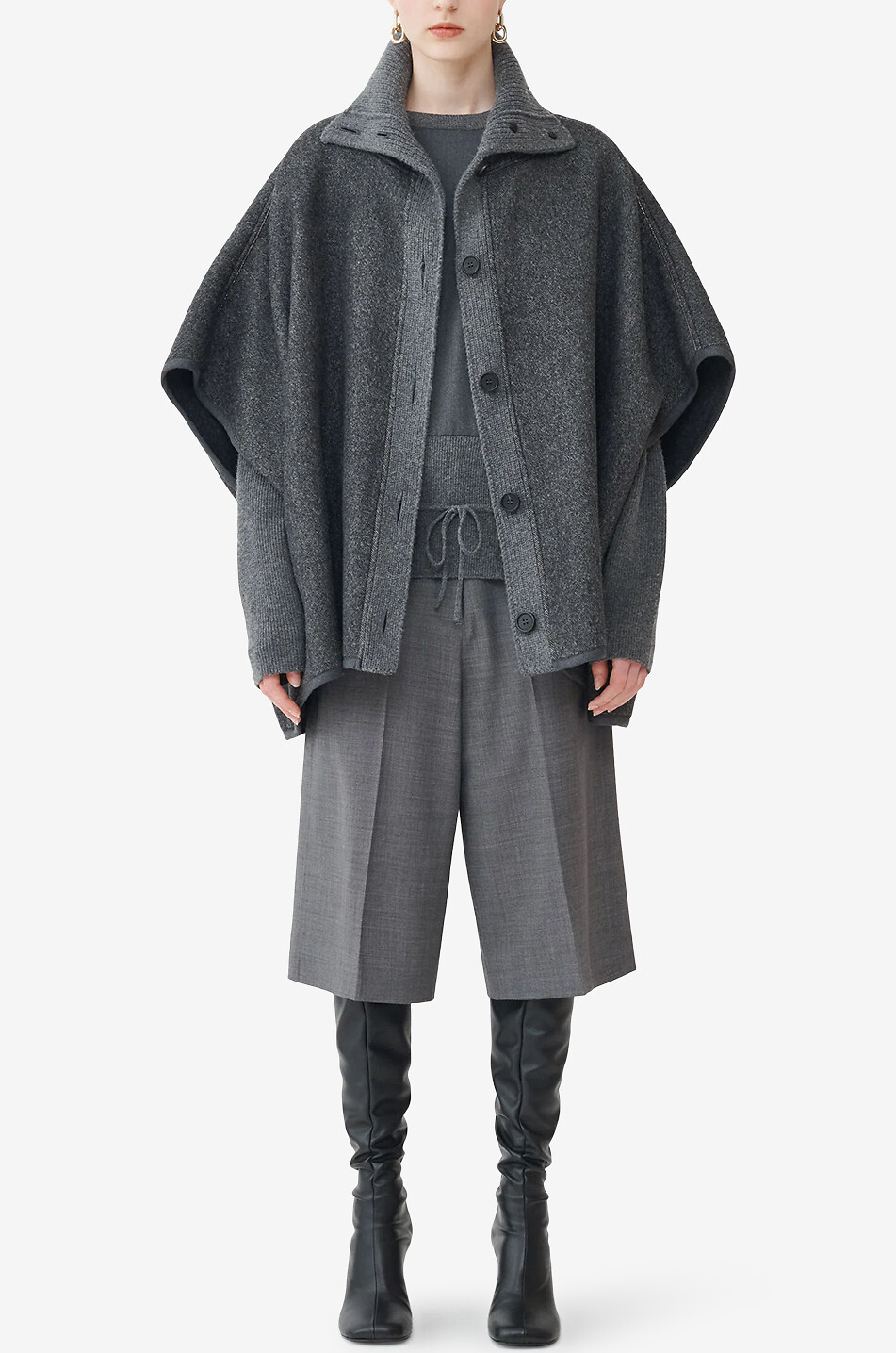 FABIANA FILIPPI Cape en sergé de laine double-face à col montant en maille Femme GRIS FONCÉ 2