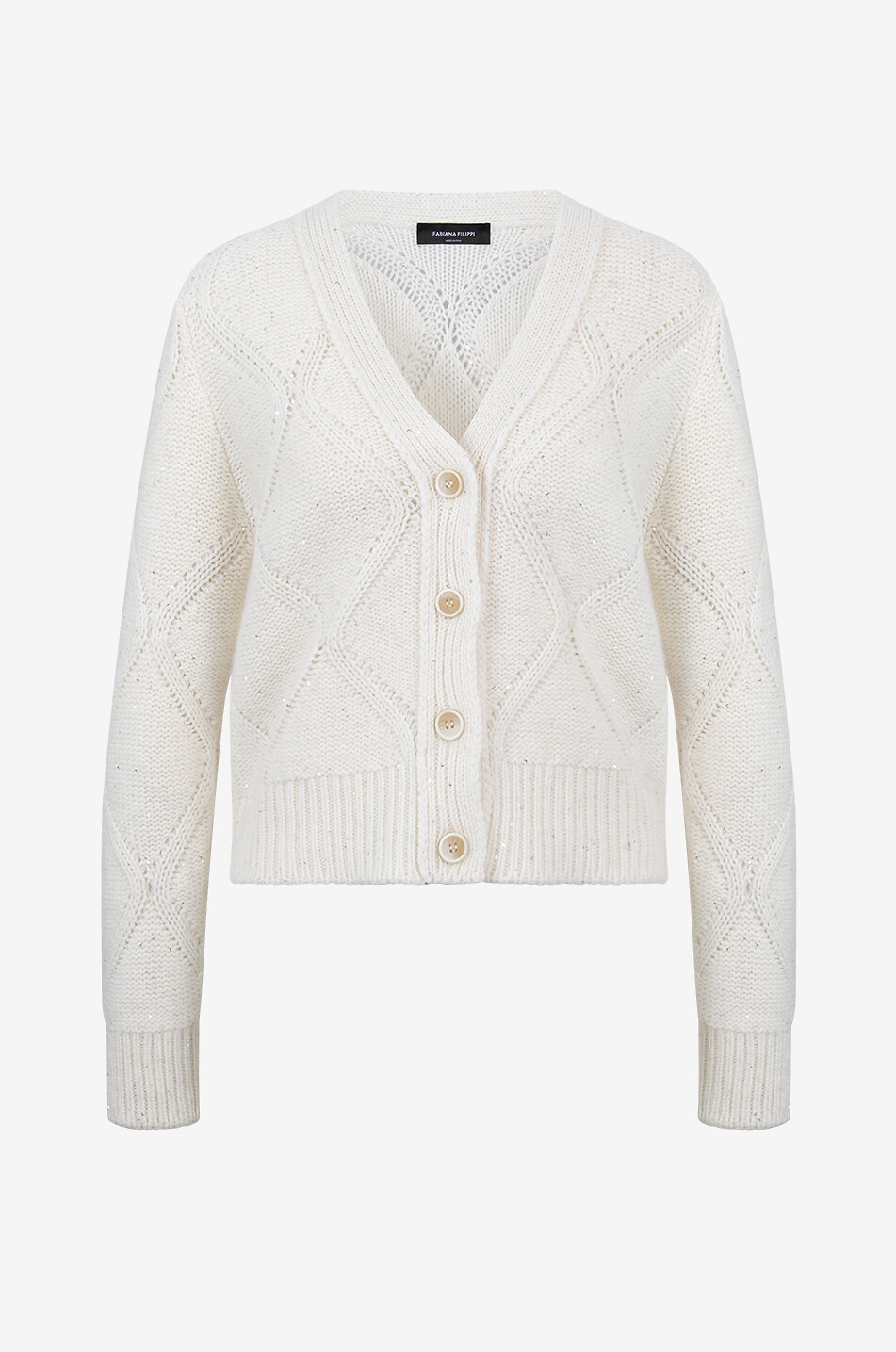 Sequinned V neck cable knit cardigan