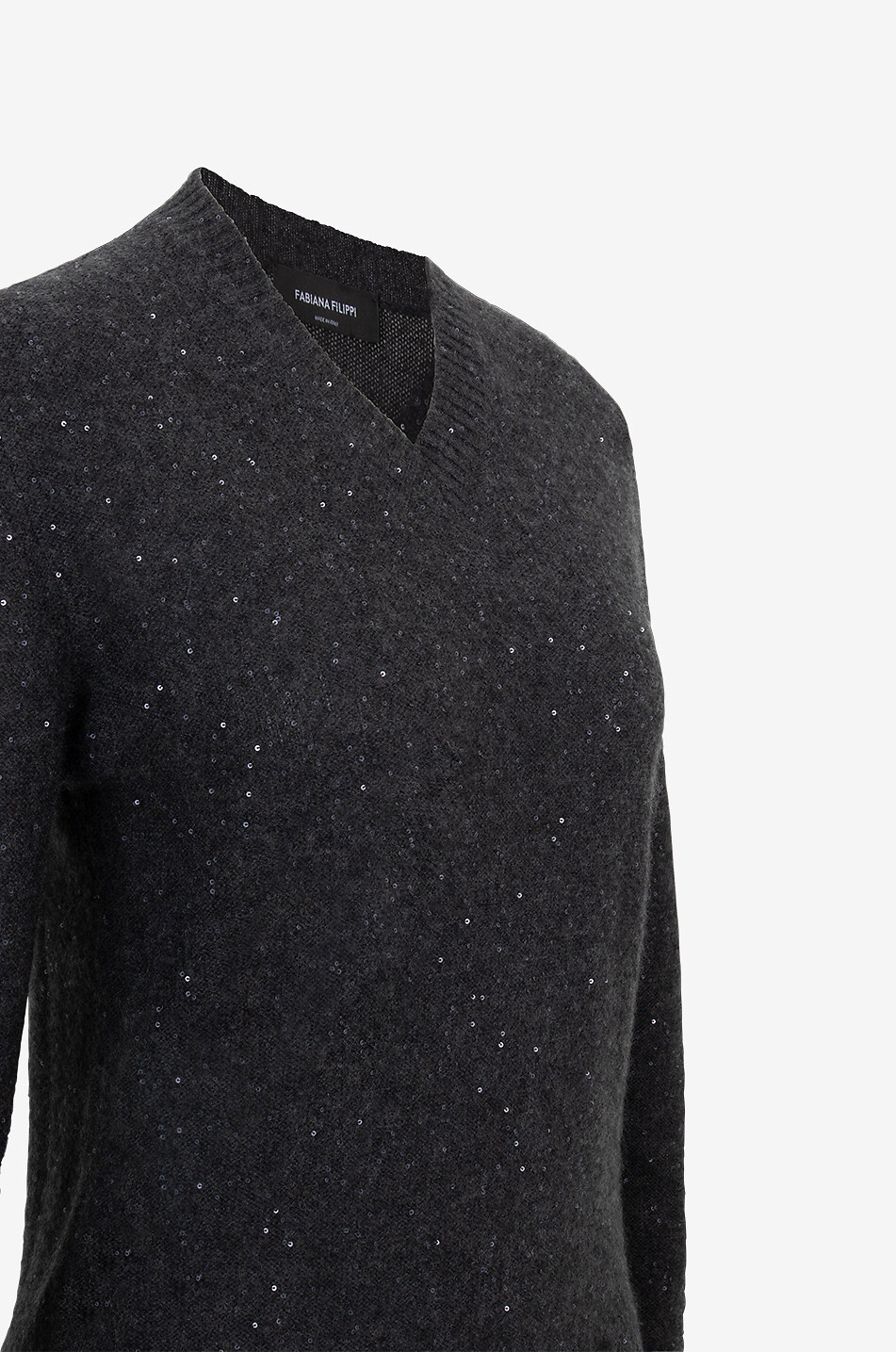 Moosstrick-Pullover aus Kaschmir und Alpaka mit V-Ausschnitt und Pailletten