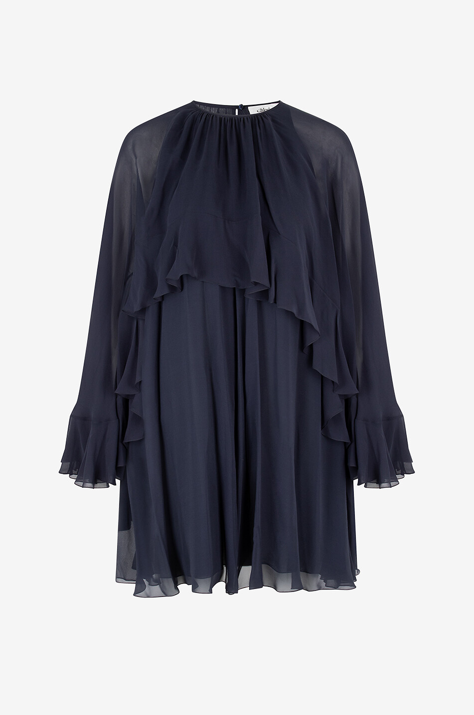 A-line mini dress in silk georgette with ruffled cape