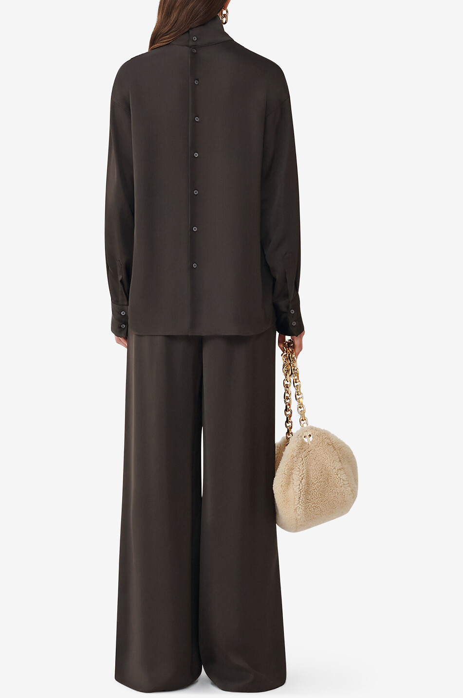 Loose satin blouse with stand-up collar