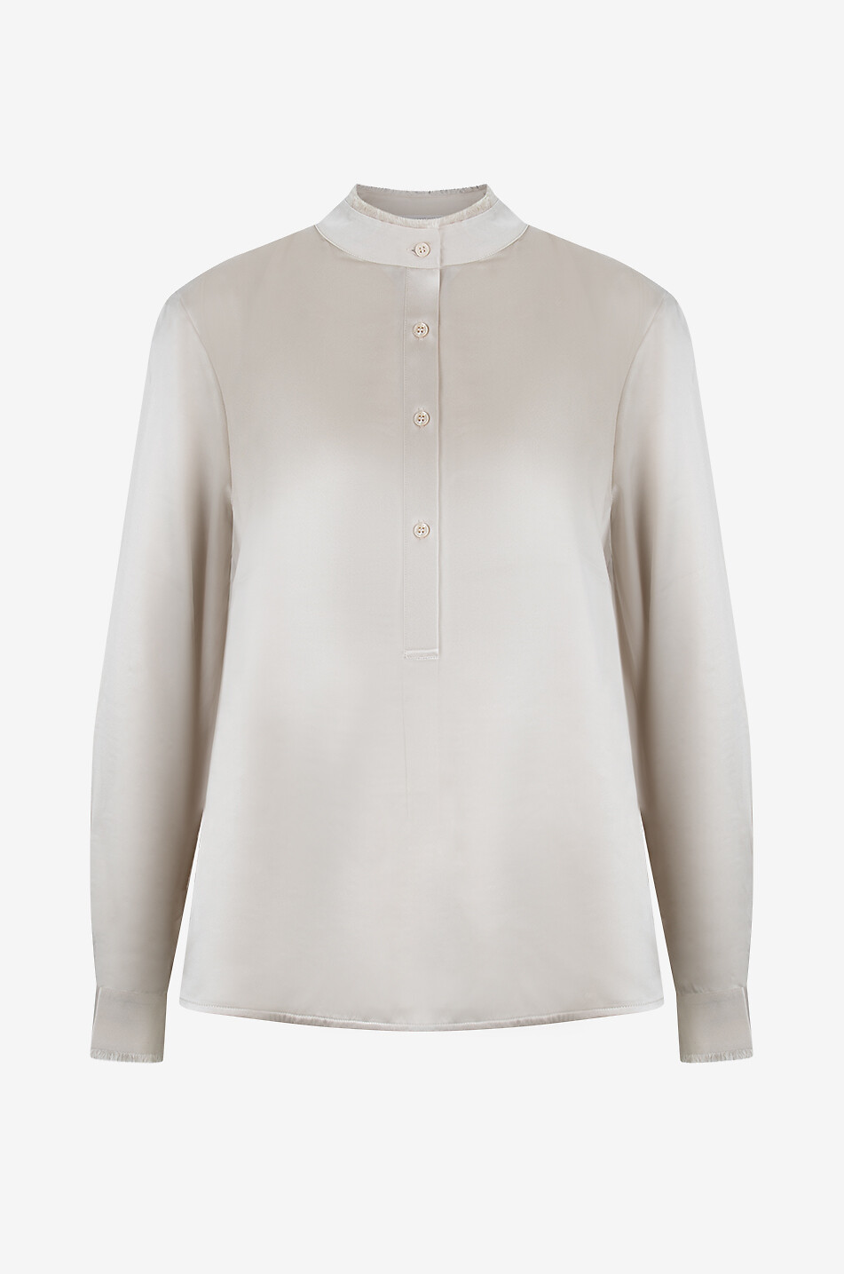 Silk long-sleeved blouse with frayed stand-up collar