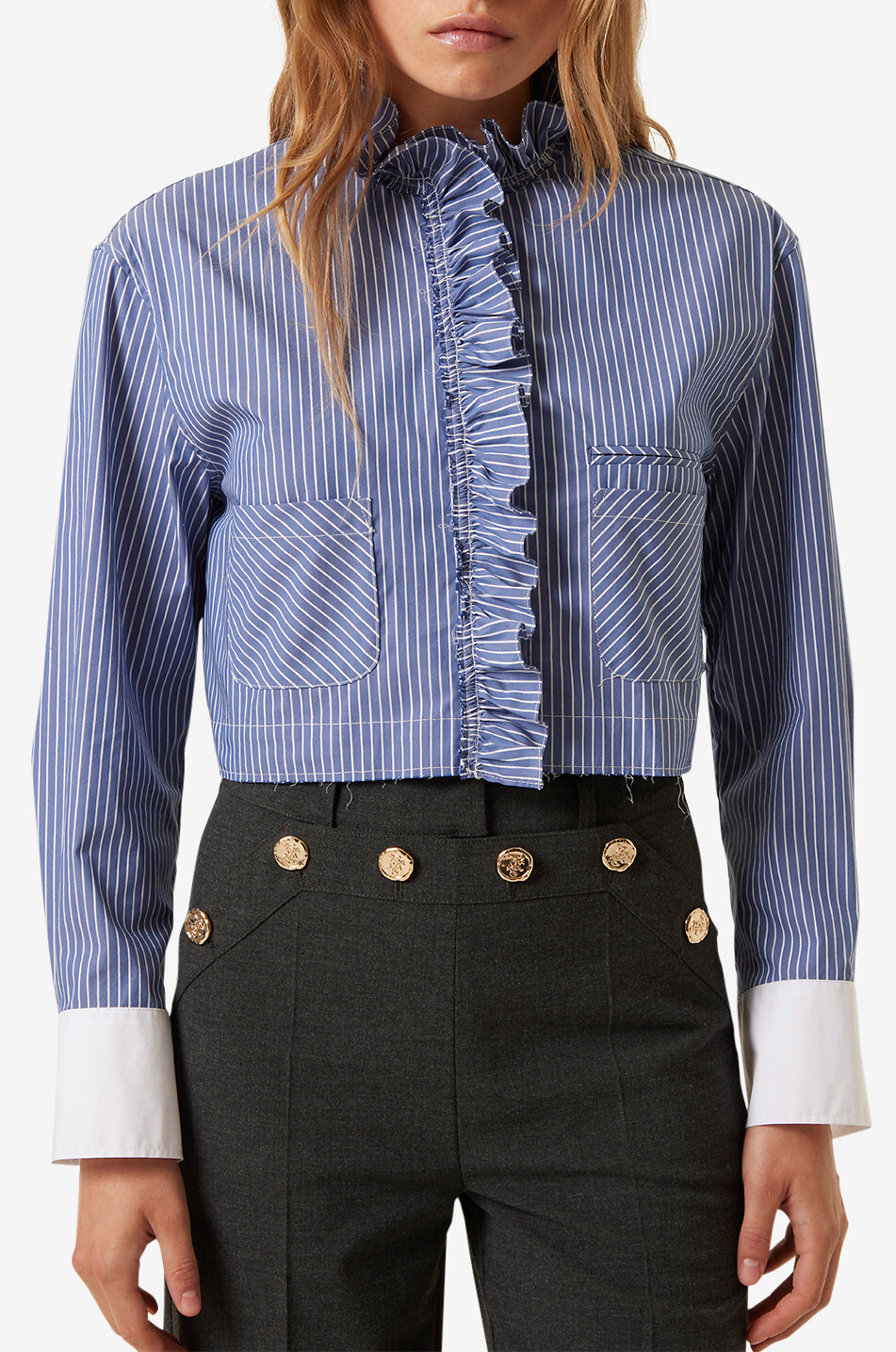 TRESSE PARIS Verkürztes gestreiftes Hemd mit Rüschen Collins Damen BLAU 2