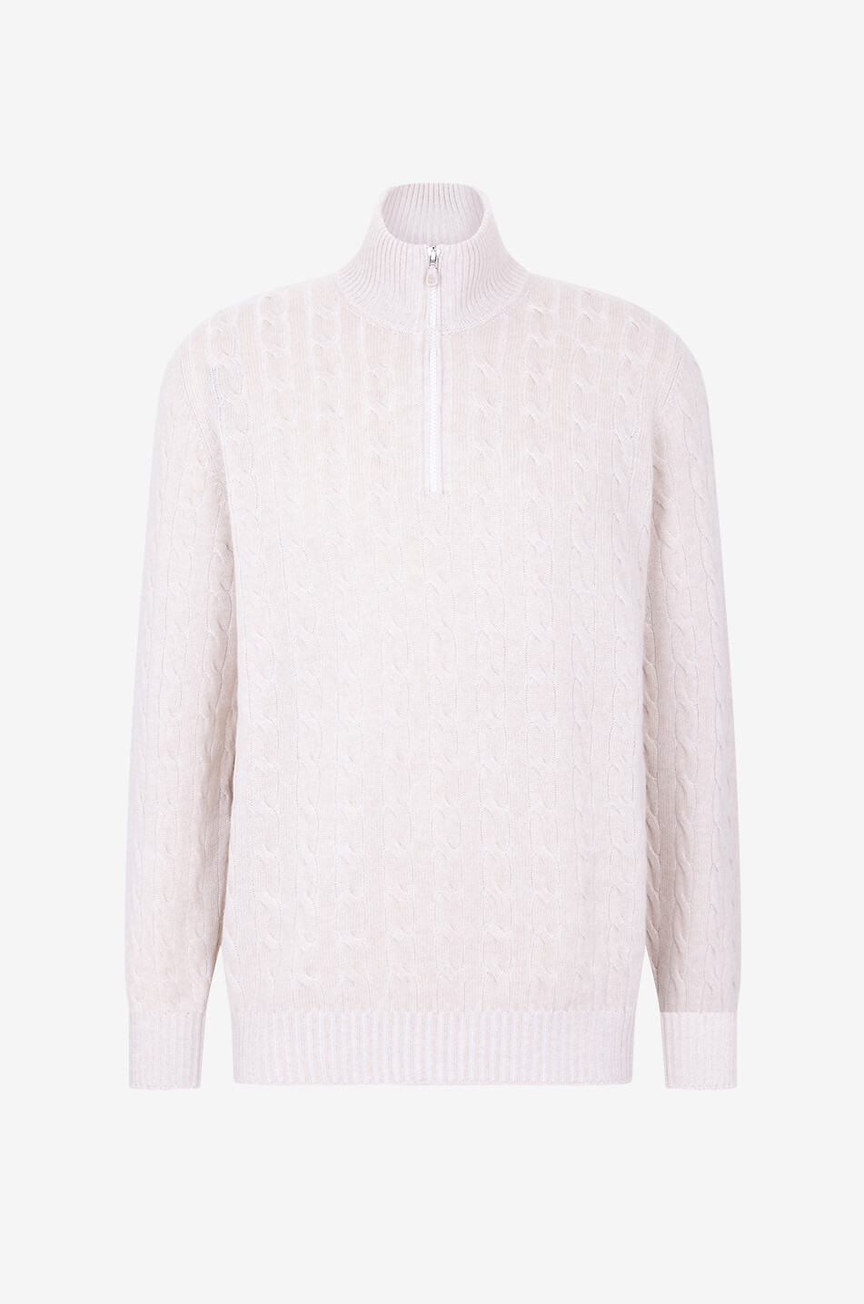 BRUNELLO CUCINELLI Kaschmir-Zopfstrickpullover mit Stehkragen mit Reissverschluss Herren Hellbeige 1