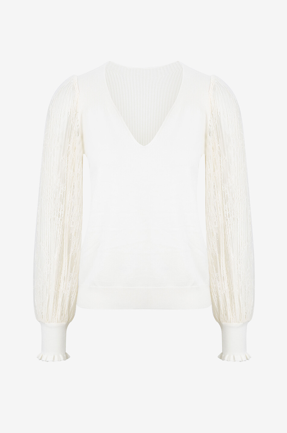 TWINSET Lace-sleeve viscose V-neck jumper Women EGGSHELL 1