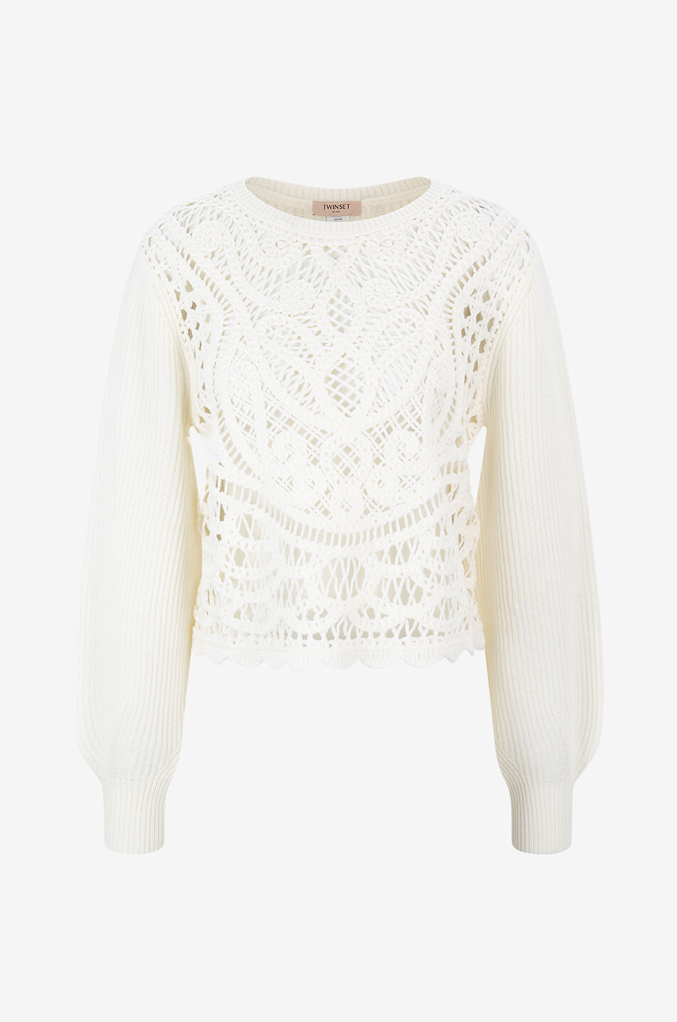 Pull à col rond en laine effet dentelle