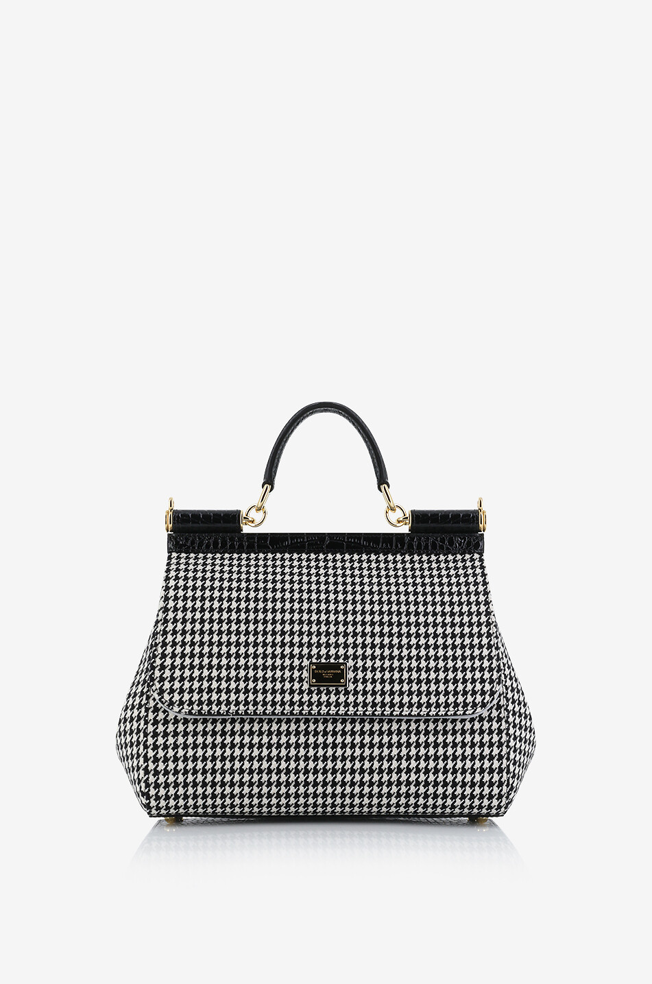 Sicily Large houndstooth check fabric and leather handbag