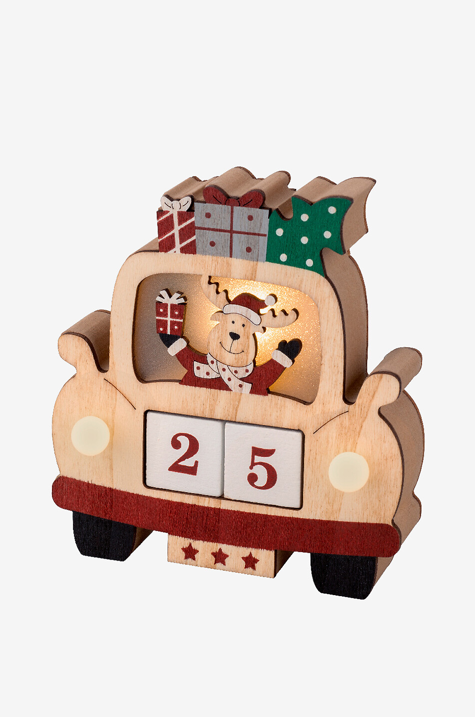 Weihnachtskalender aus Holz mit LED Elch im Auto